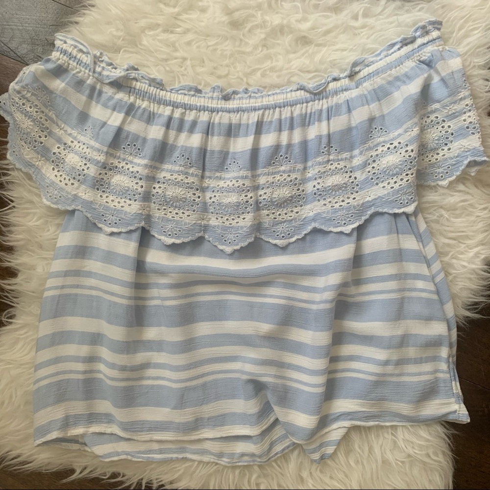 AEO off shoulder eyelet scallop ruffle blue stripe - Picture 13 of 15